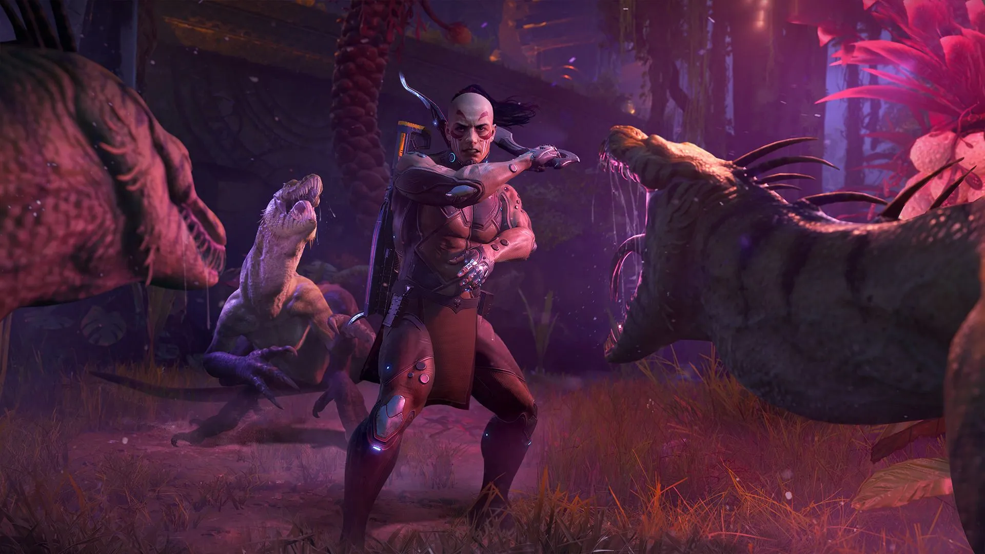 Turok, người anh hùng truyện tranh, đối mặt ba con khủng long hung dữ trong một cảnh game