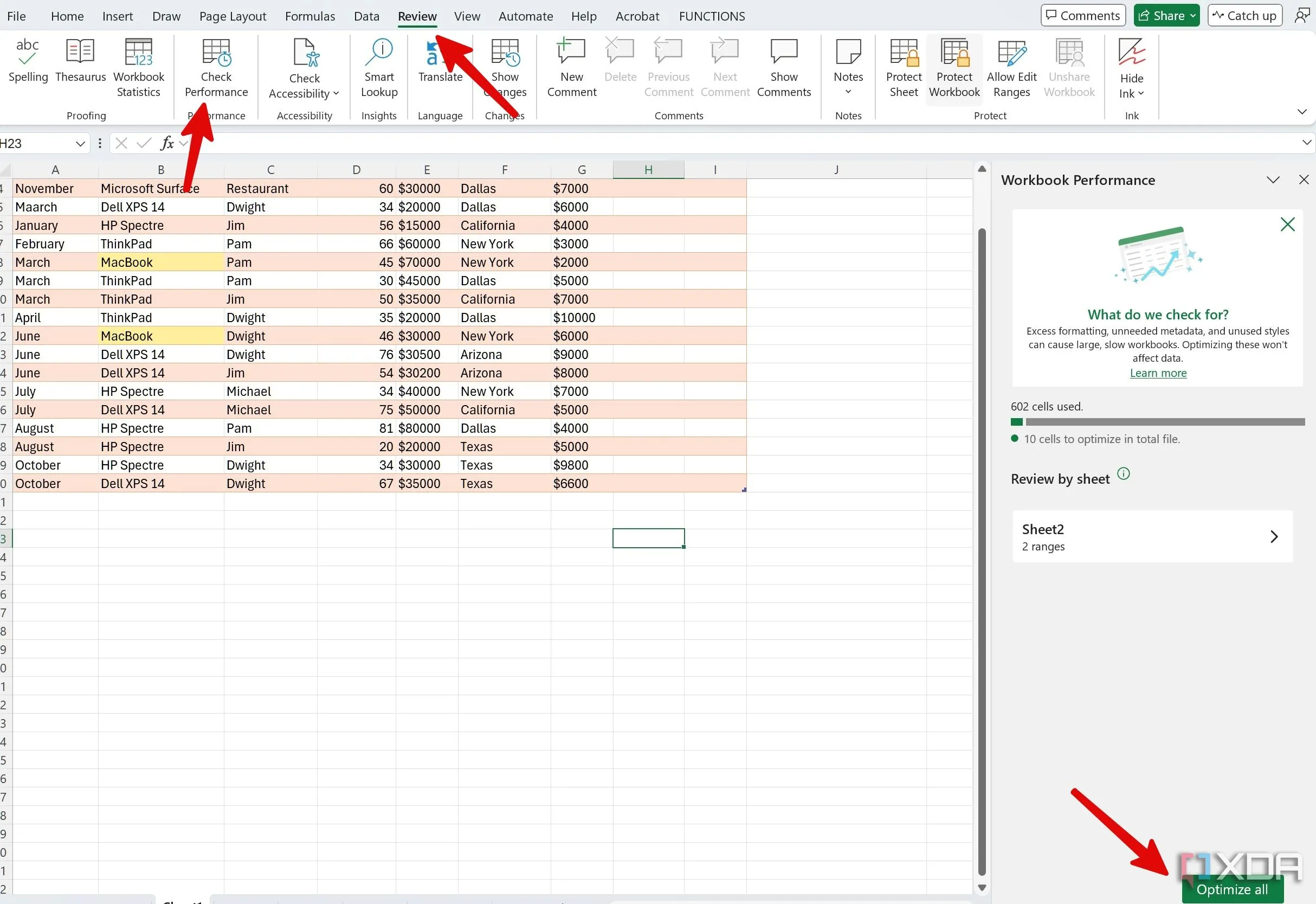 Tùy chọn Check Performance trong menu Review của Excel, cho phép người dùng tối ưu hóa hiệu suất workbook bằng cách loại bỏ các yếu tố ẩn không cần thiết
