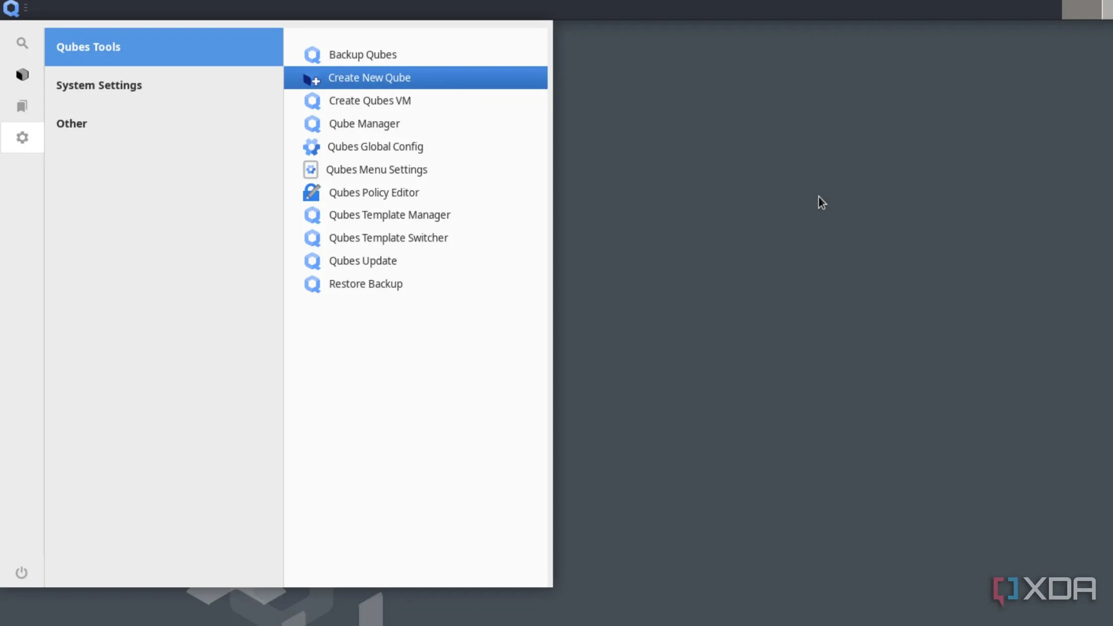 Tùy chọn &quot;Create New Qube&quot; trong mục &quot;Qubes Tools&quot; của menu Start, dùng để tạo môi trường cô lập mới.