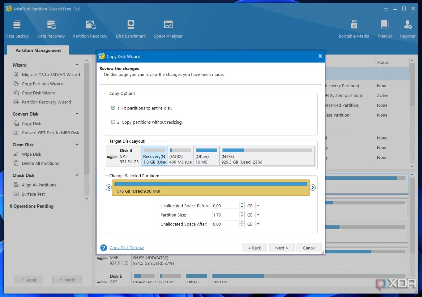 Tùy chọn điều chỉnh phân vùng để phù hợp toàn bộ ổ đĩa trong MiniTool Partition Wizard, giúp tận dụng dung lượng SSD mới