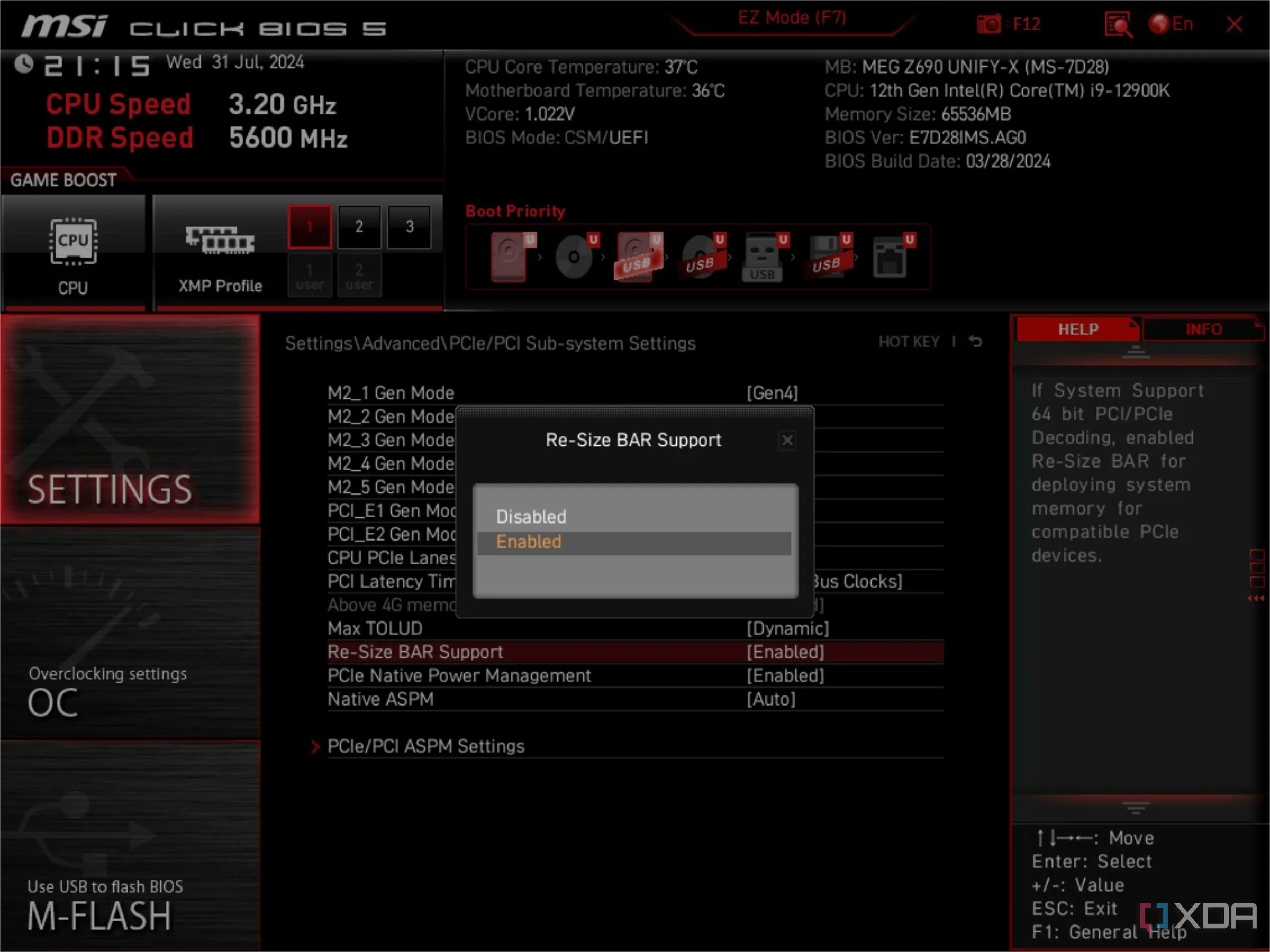 Tùy chọn Resizable BAR trong giao diện BIOS của bo mạch chủ MSI.