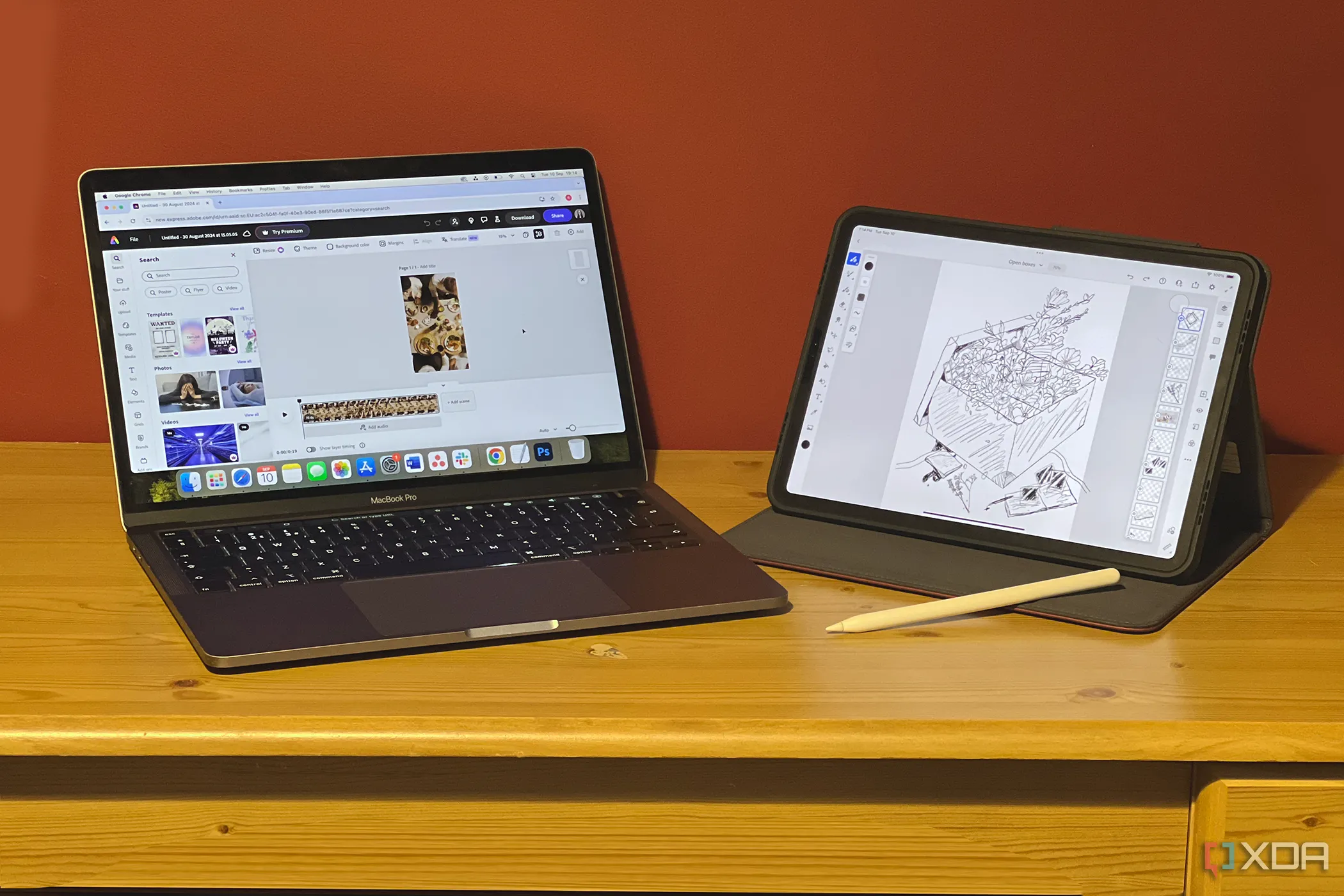 Ứng dụng Adobe Express trên MacBook và Adobe Fresco trên iPad, minh họa hệ sinh thái Adobe