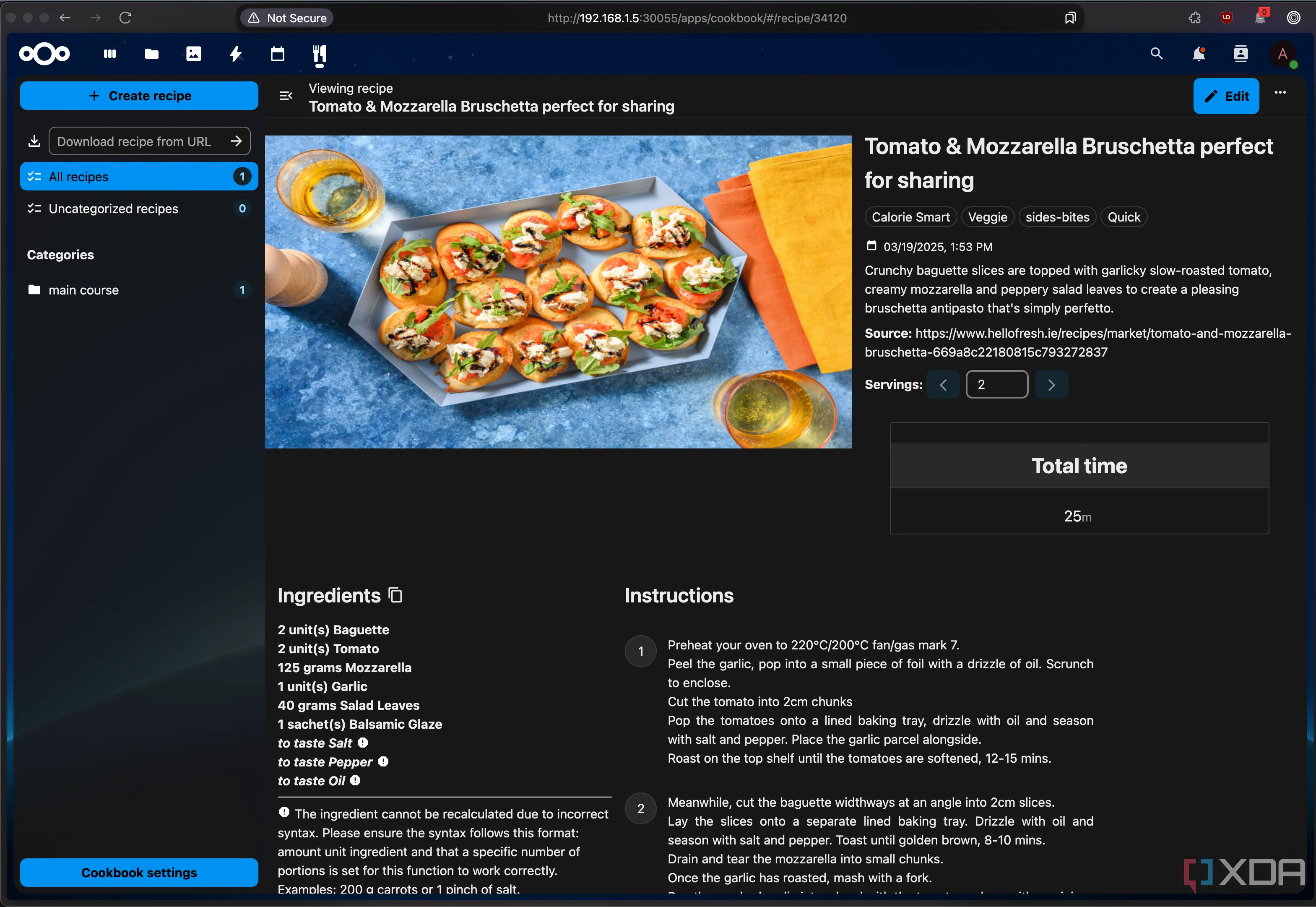 Ứng dụng Nextcloud Cookbook với hình ảnh món Bruschetta cà chua và phô mai, minh họa khả năng mở rộng của nền tảng Nextcloud