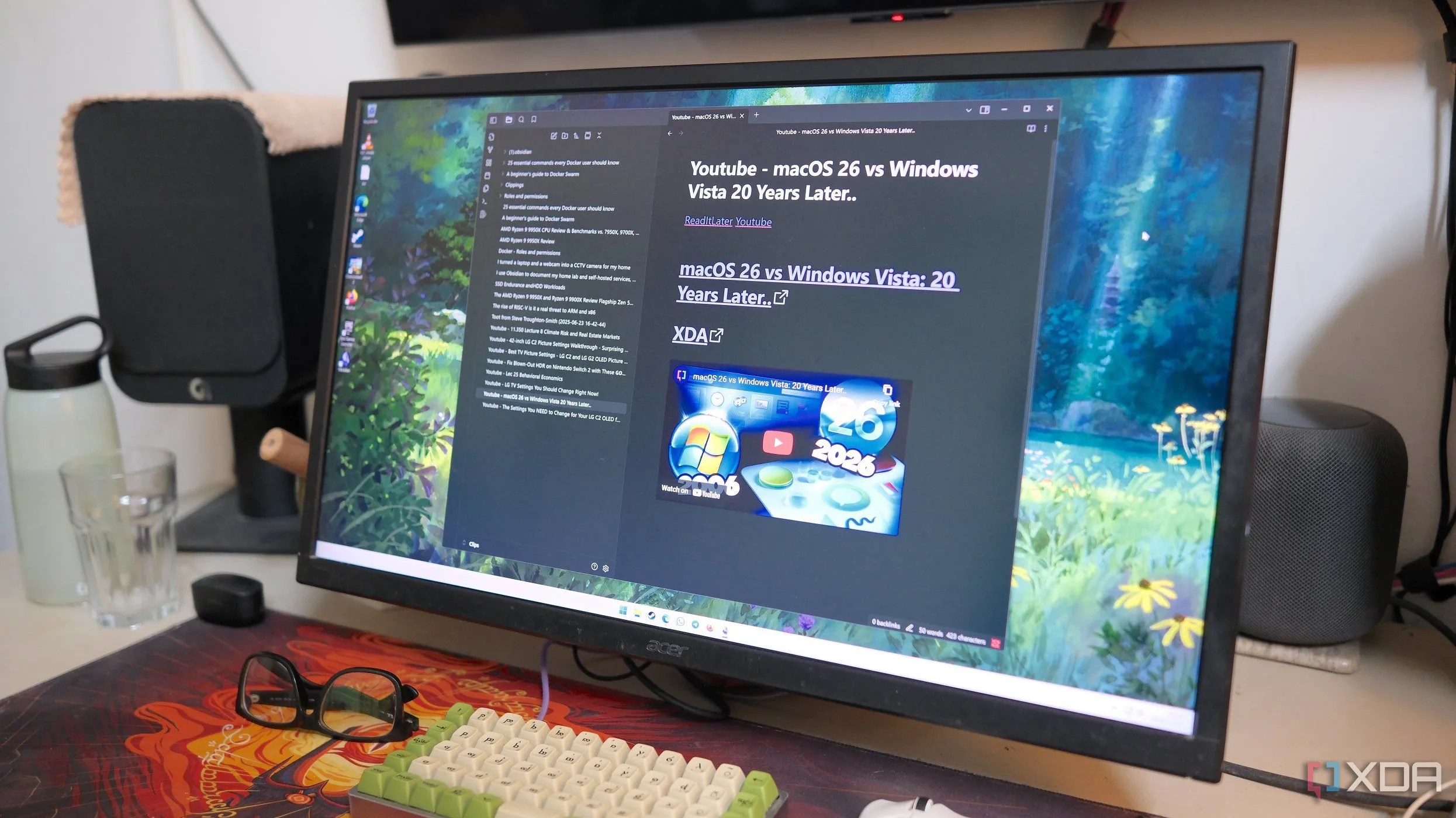 Ứng dụng Obsidian trên máy tính để bàn Windows với các nội dung web đã lưu, minh họa khả năng lưu trữ và tổ chức thông tin đa dạng.