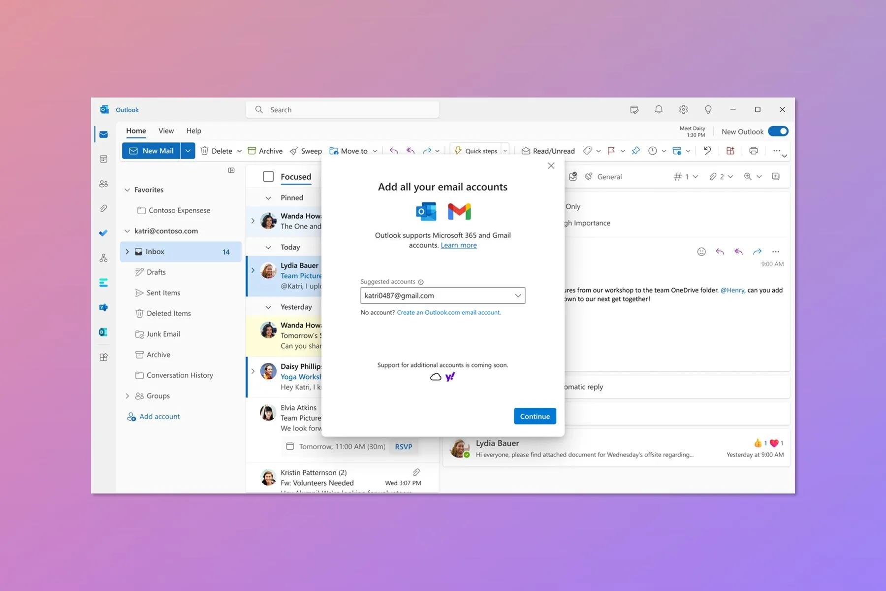 Ứng dụng Outlook trên Windows 11 với tùy chọn thêm tài khoản Gmail, minh họa sự thay đổi của Microsoft từ UWP sang các ứng dụng Win32.