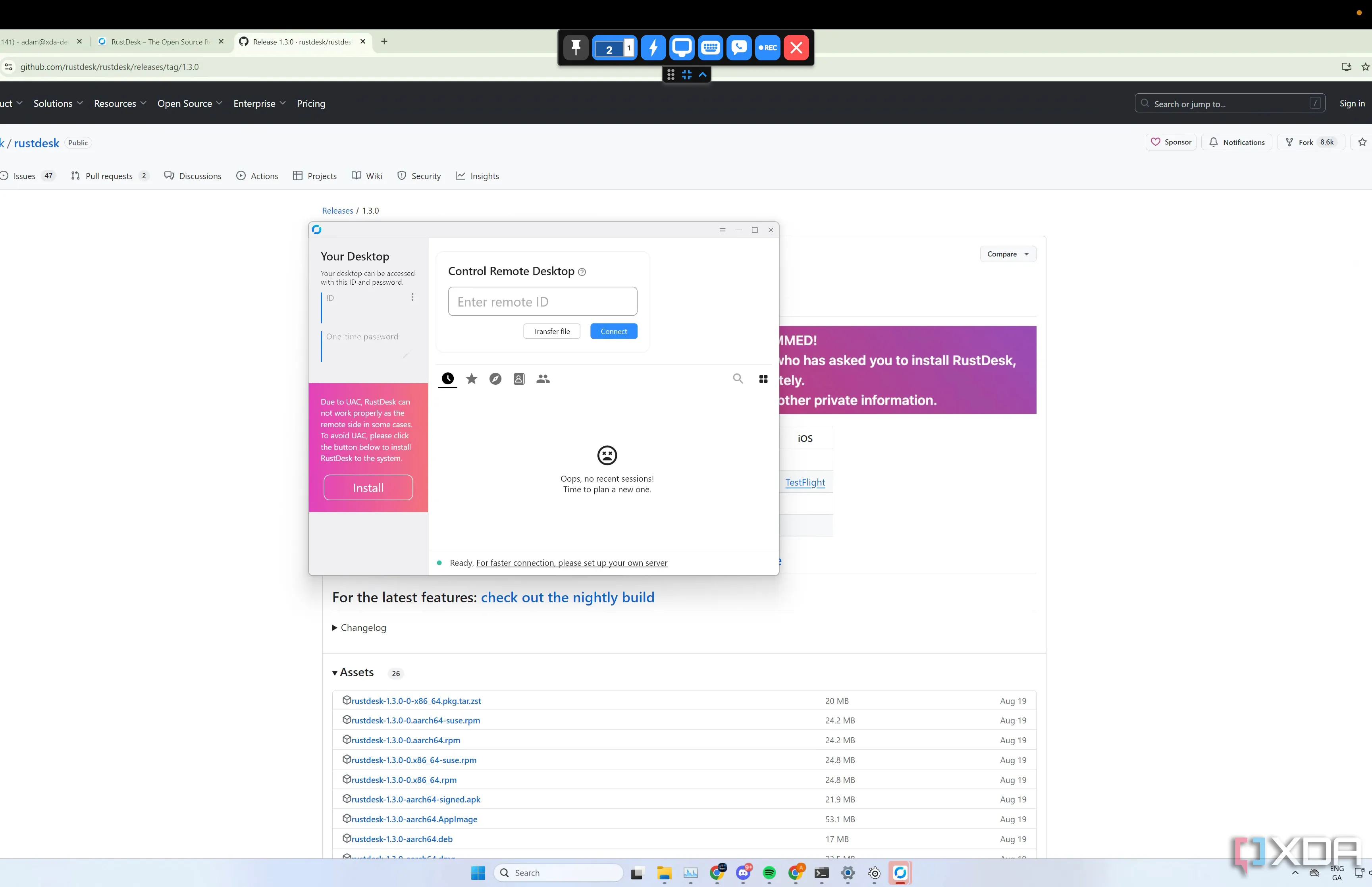 Ứng dụng RustDesk đang hoạt động trên hệ điều hành Windows, hiển thị ID và mật khẩu để thiết lập phiên điều khiển từ xa.