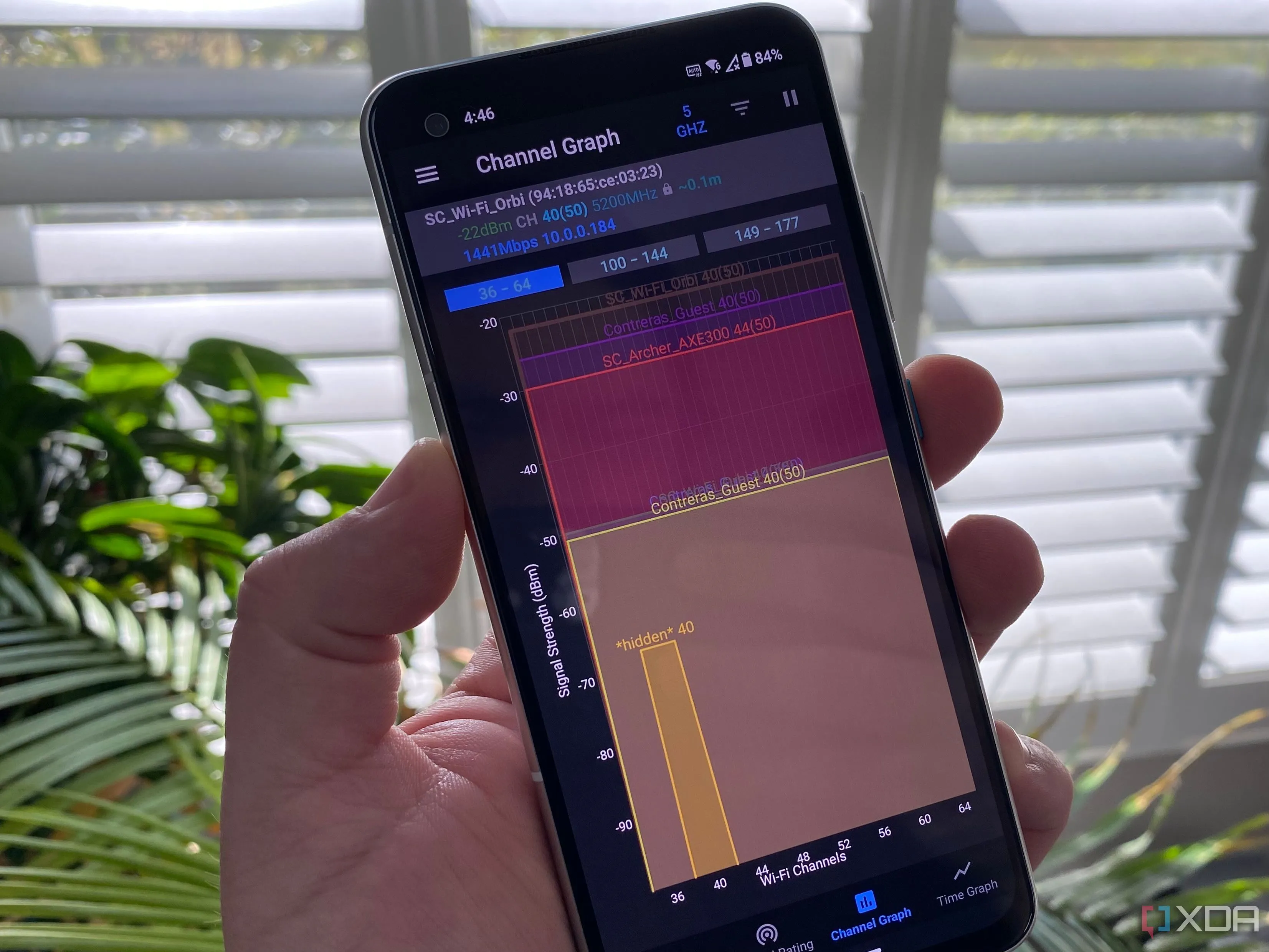 Ứng dụng Wi-Fi Analyzer hiển thị tình trạng tắc nghẽn các kênh mạng Wi-Fi lân cận