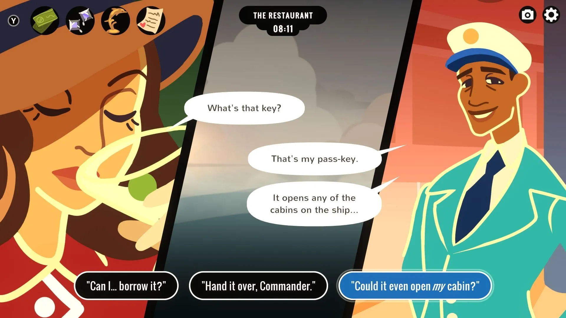 Veronica nói chuyện với Anders trên tàu trong game suy luận Overboard