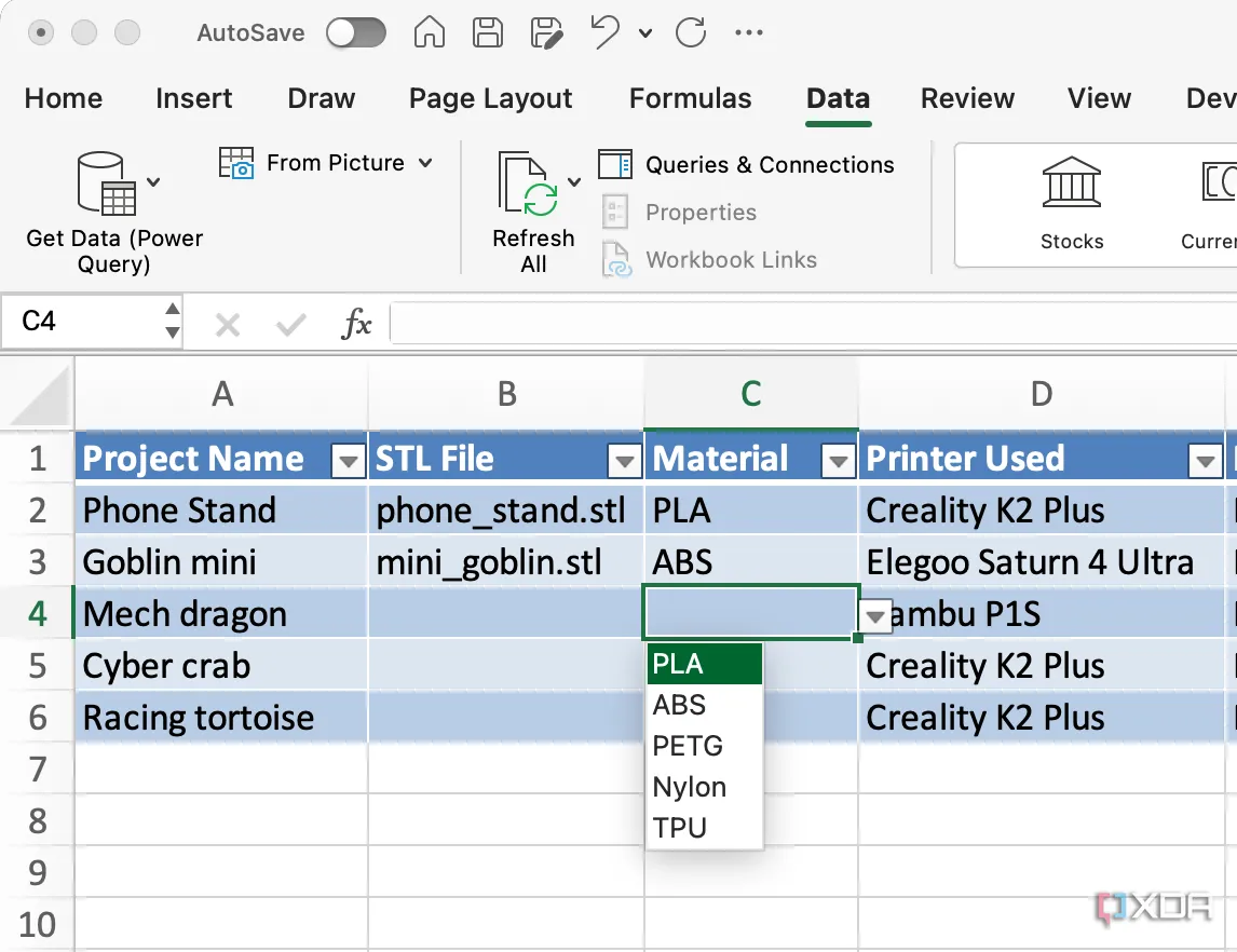 Ví dụ danh sách thả xuống trong Excel giúp nhập liệu nhanh cho in 3D