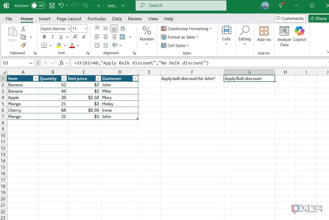 Ví dụ minh họa cách sử dụng hàm IF trong Excel để kiểm tra điều kiện giảm giá.