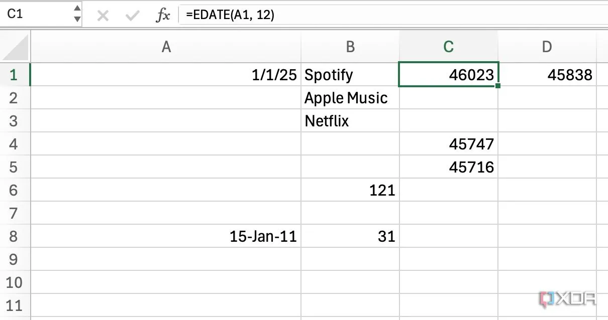Ví dụ sử dụng hàm EDATE trong Excel để tính toán ngày tháng