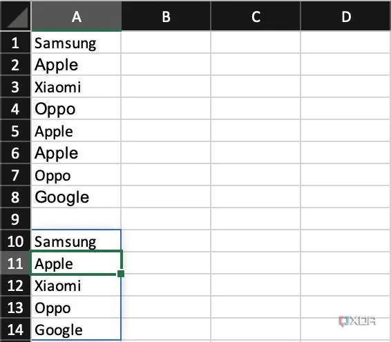 Ví dụ trực quan về cách hàm UNIQUE hoạt động trong Excel, hiển thị quá trình loại bỏ các giá trị trùng lặp để chỉ giữ lại những mục duy nhất trong một phạm vi dữ liệu đã chọn.
