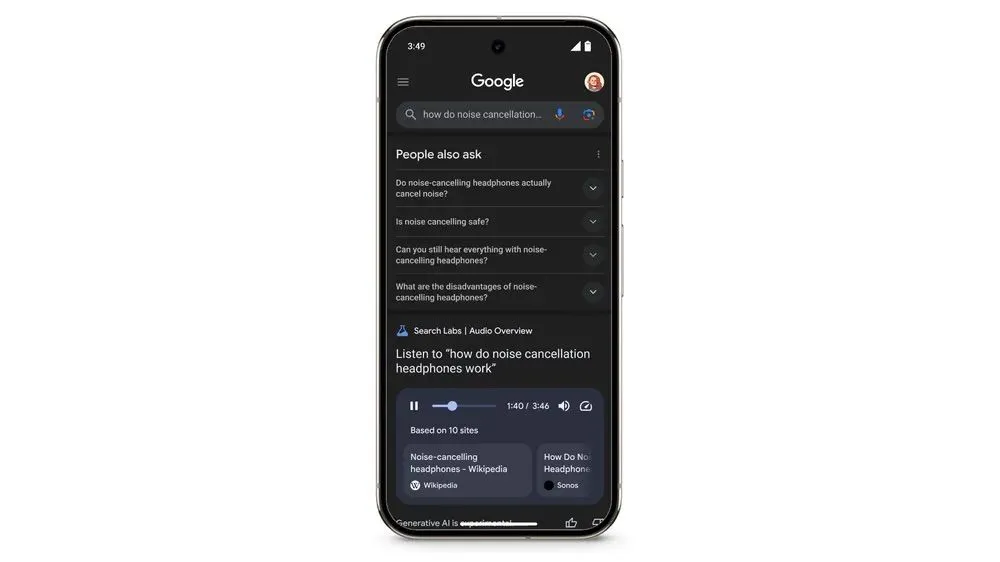 Ví dụ về Audio Overviews hiển thị trên trang kết quả tìm kiếm Google