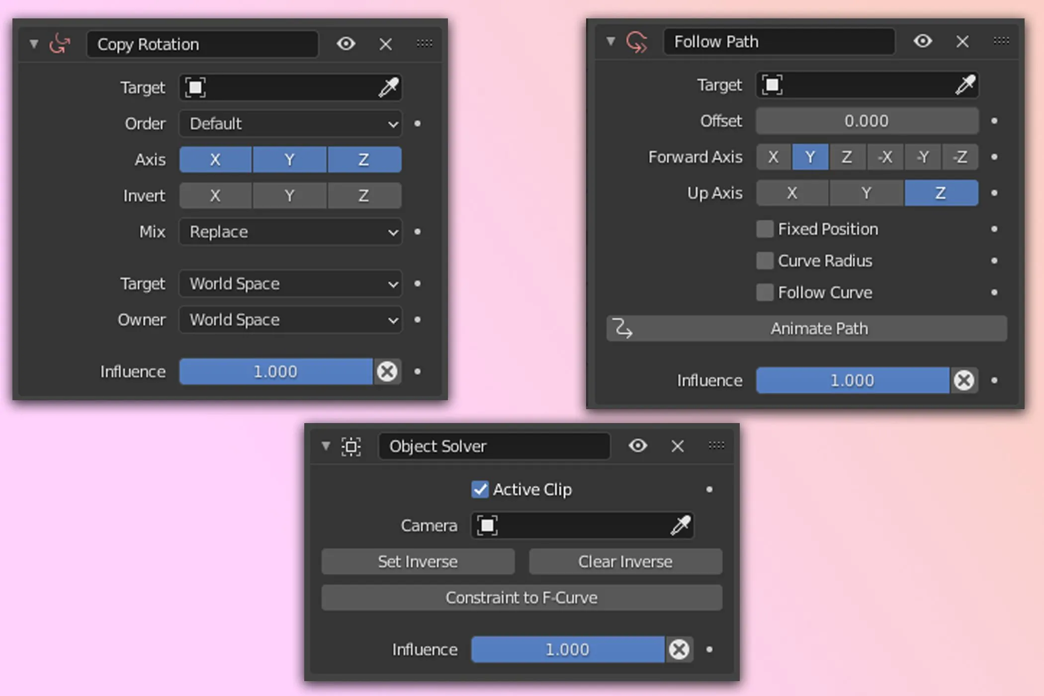 Ví dụ về các loại ràng buộc (constraints) khác nhau trong Blender, giúp tăng độ phức tạp và tinh vi cho hệ thống rig