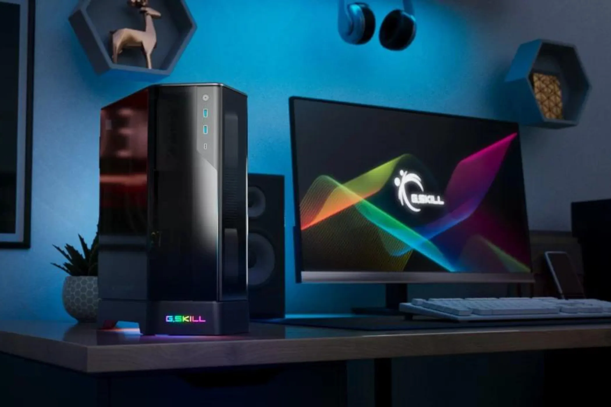 Vỏ case Gskill Z5i được đặt trong một bộ setup đồng bộ, thể hiện thiết kế độc đáo của case ITX.