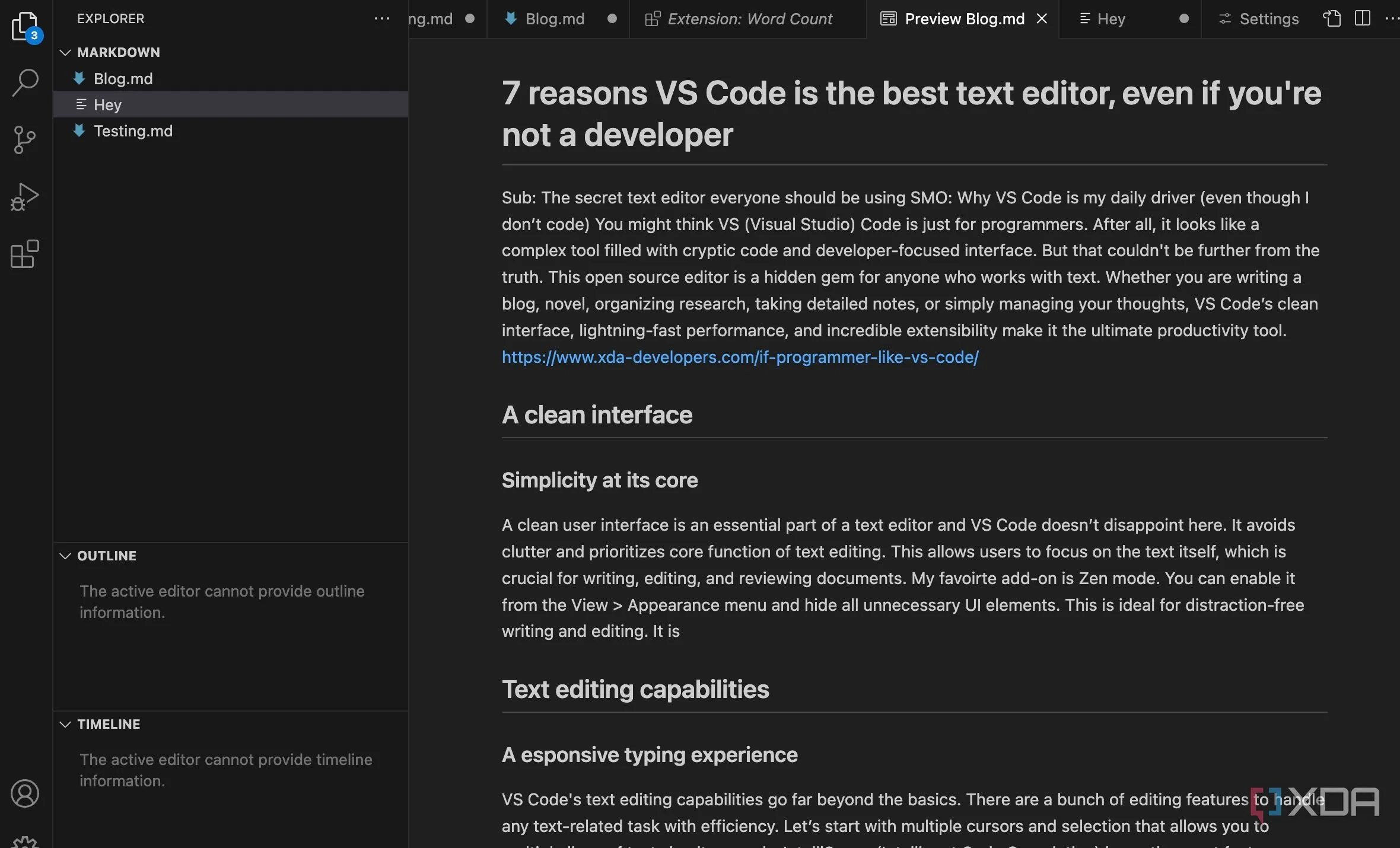 VS Code hiển thị khả năng hỗ trợ Markdown với tính năng xem trước và đánh dấu cú pháp.