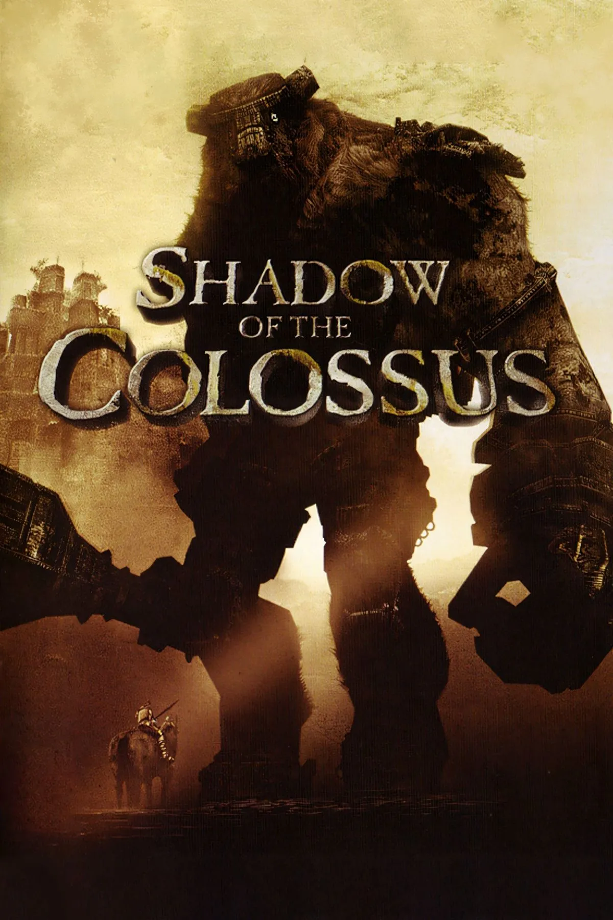 Wander cưỡi ngựa Agro đối mặt với Colossus khổng lồ trong Shadow of the Colossus trên nền cảnh quan hùng vĩ