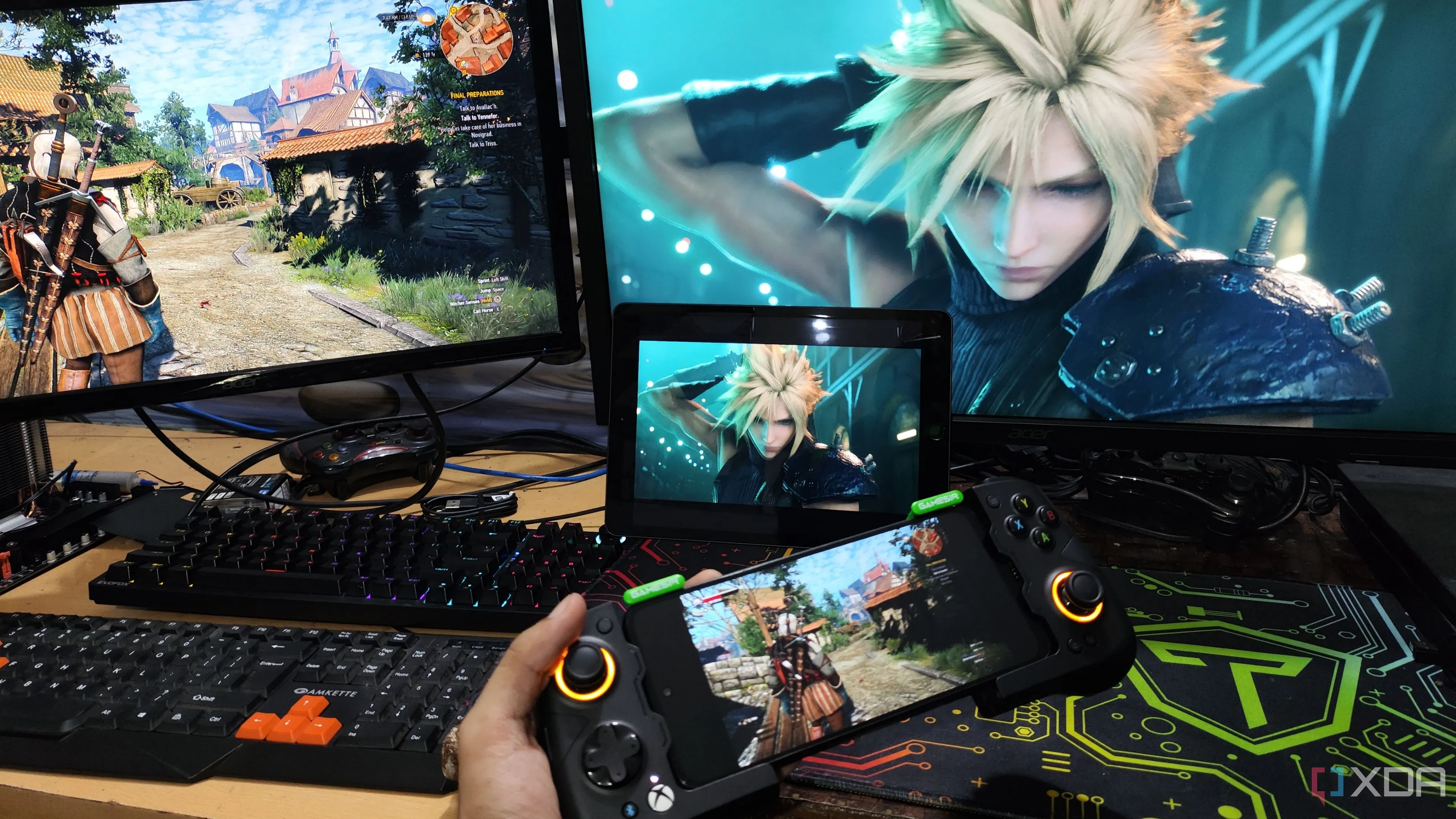Witcher 3 stream lên Poco M6 Pro qua Parsec, trong khi FF VII Remake stream lên iPad qua Moonlight/Sunshine