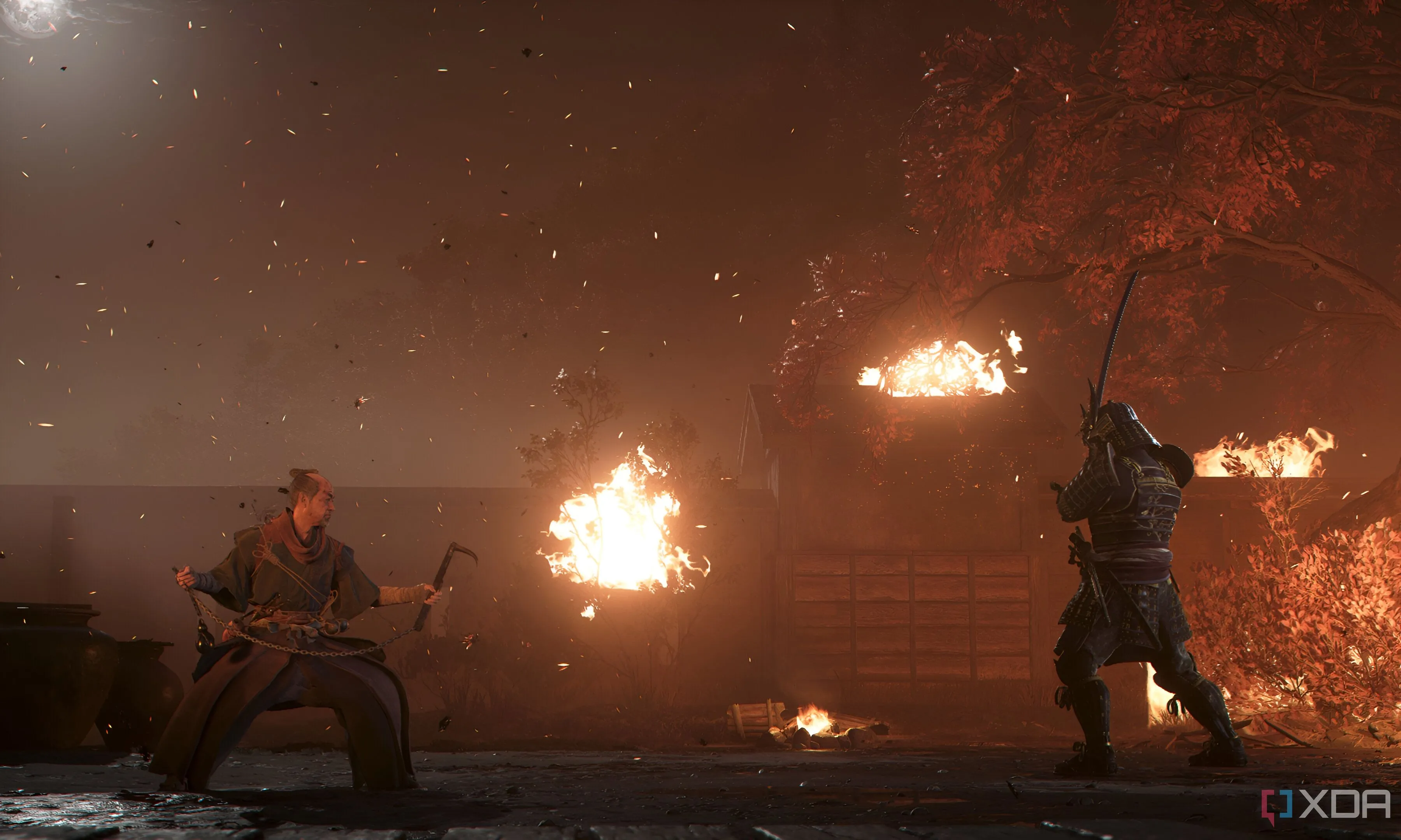 Yasuke đối đầu với kẻ thù dưới trời mưa vào ban đêm trong Assassin's Creed Shadows