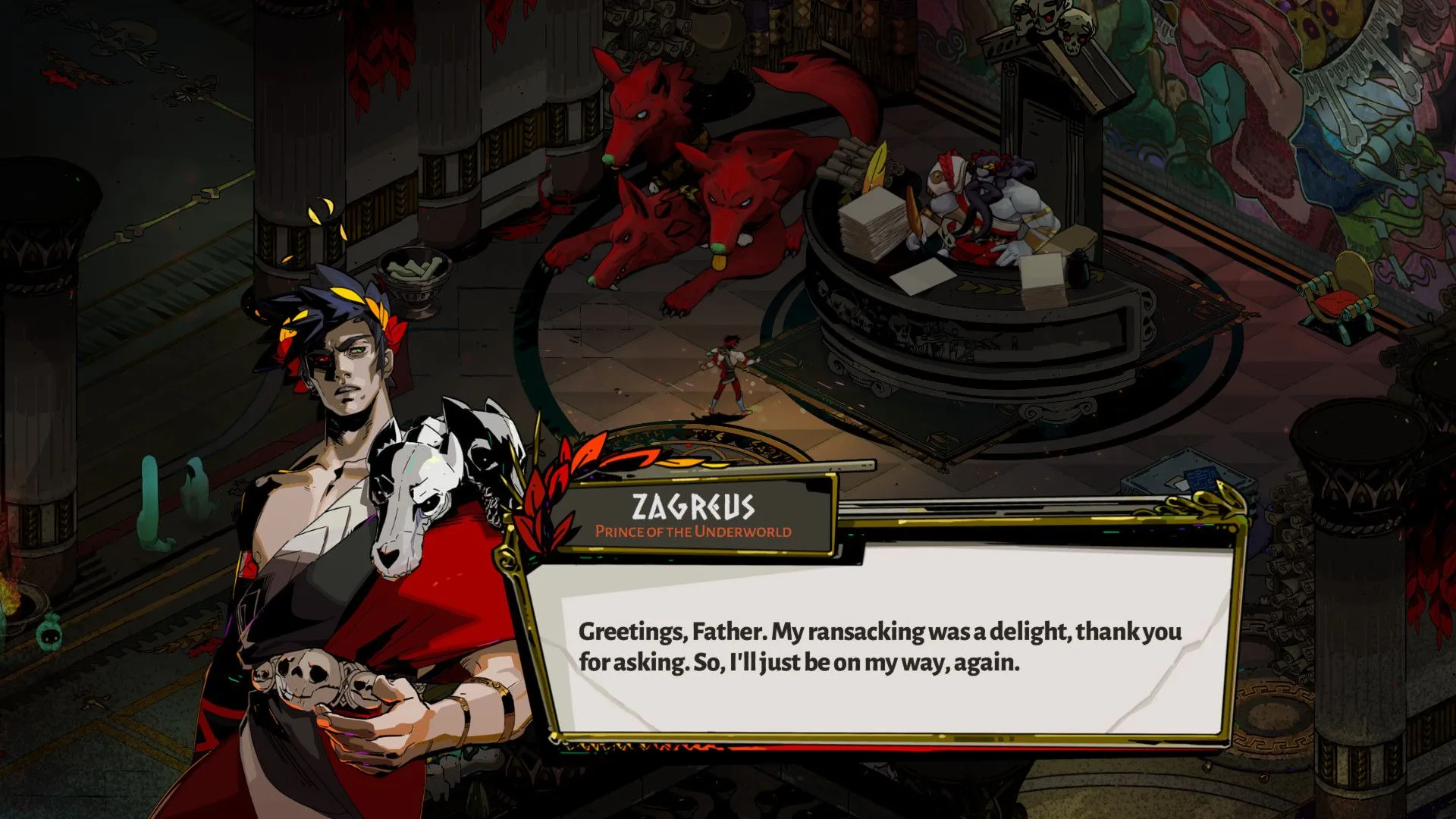 Zagreus tương tác với các vị thần Hy Lạp trong Hades, thể hiện yếu tố kể chuyện phong phú và hệ thống nhân vật sống động.